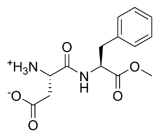 Chemical structure of an aspartame molecule.