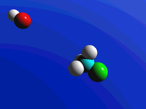 Animation of hydroxide ion attacking methyl iodide. 