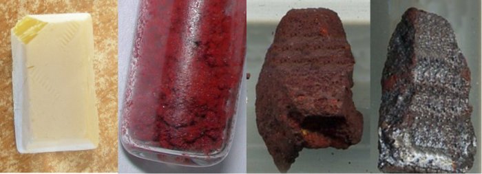 Four images side by side. First shows a block of white solid. Second shows a glassware container with red powder in it. Next is a chunk of brick colored solid. Final form is a chunk of metallic solid. 