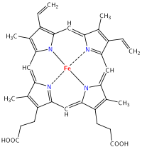 La fórmula estructural muestra una estructura hemo compleja unida a un átomo central de hierro.