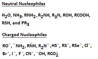 The following nucleophiles are neutral: H2O, NH3, RNH2, R2NH, R3N, ROH, RCOOH, RSH, and PR3. The following nucleophiles have a negative charge: RO-, NH2-, RNH-, R2N-, HS-, RS-, RSe-, Cl-, Br-, I-, F-, CN-, OH-, RCO2-.
