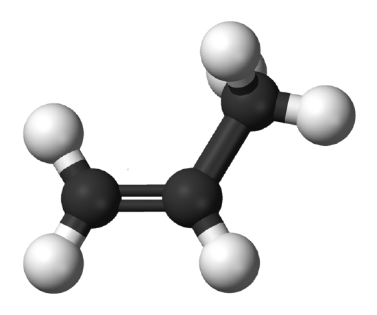 Ball and stick diagram of propylene.