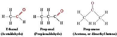 Projection structure of ethanal, propanal, and propanone with the "C" double bond "O" highlighted in color. 