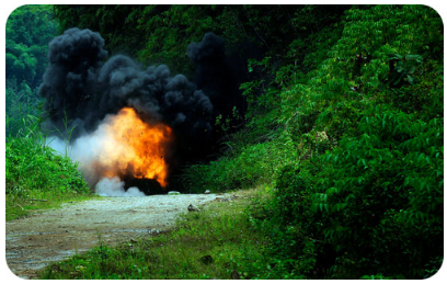 Pequeña explosión de dinamita en una zona forestal.