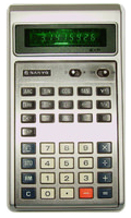 A vintage calculator with a digital display showing numbers. It features various buttons for different mathematical functions, including numbers and basic operations.