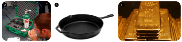 Person working with a green toolkit, black frying pan on white surface, and stacked gold bars.