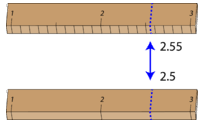 Two ruler segments, one above the other. The top ruler shows a measurement at 2.55, and the bottom ruler shows 2.5. Blue dotted lines and arrows indicate the measurements.