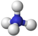 A 3D model of a methane molecule, showing four white hydrogen atoms bonded to a central blue carbon atom in a tetrahedral arrangement.