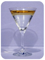 Water and oil separated in a clear martini glass.