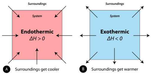 Reacción endotérmica: los alrededores se vuelven más fríos y delta H es mayor que 0, Reacción exotérmica: los alrededores se calientan y delta H es menor que 0