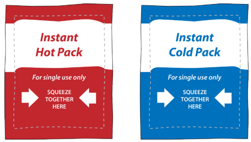 Paquete caliente instantáneo (izquierda) y paquete frío instantáneo (derecha).