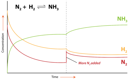 Graph showing the concentration over time for a reaction of N2 and H2 forming NH3. Curves depict concentrations of NH3 (green), H2 (orange), and N2 (red). More H2 is added partway through.
