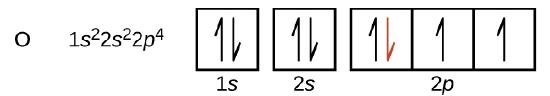  he electronic configuration for oxygen is 1s superscript 2, 2s superscript, 2p superscript 4. An orbital diagram shows 2 squares each filled with a pair of opposite pointing arrows to represent the 1s ans 2s orbitals. Each of the three connected square which represents the 2p orbitals are filled with one arrow respectively with the addition of 1 red arrow in the first of the three squares.