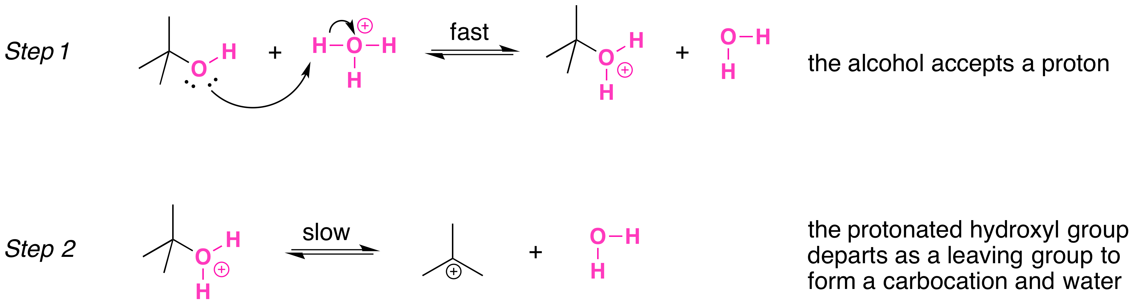 In the first step: the alcohol accepts a proton. In step 2: the protonated hydroxyl group departs as a leaving group to form a carbocation and water. 