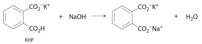 Reaction between KHP and sodium hydroxide shown as molecular structures. 