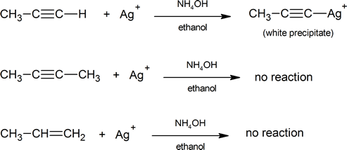 three reactions showing silver cation as test for terminal alkyne