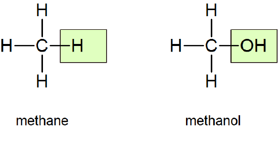 One hydrogen highlighted on methane and the hydroxide group highlighted on methanol. 