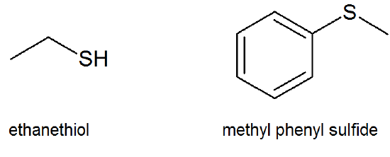 Bond line drawing of ethanethiol and methyl phenyl sulfide. 