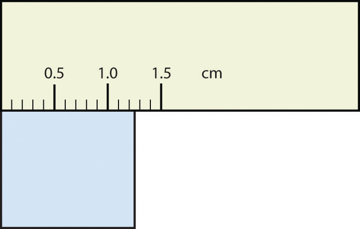 Rectángulo azul debajo de la regla con el extremo entre 1.0 y 1.5 cm.