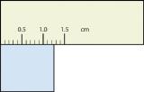 Blue rectangle beneath ruler with end being between 1.0 and 1.5 cm.