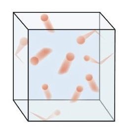 Una caja transparente que contiene partículas rojas en movimiento que rebotan entre sí y en las paredes del contenedor.