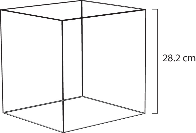 22.4 litros de gas en STP se muestran en un cubo con una longitud lateral de 28.2 cm.