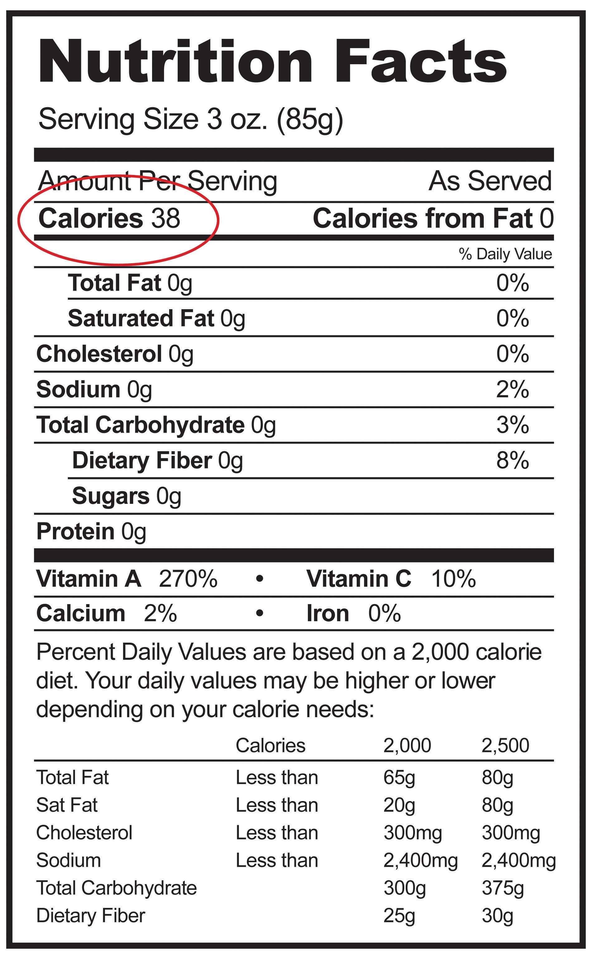 Etiqueta nutricional con un círculo rojo alrededor de la cantidad de calorías.