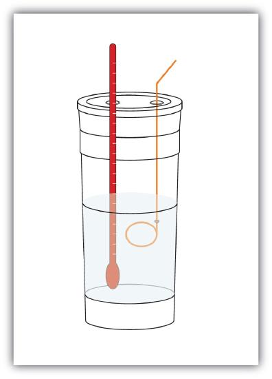 Simple calorimeter diagram shows a foam coffee cup with a lid & has a thermometer & stirrer.