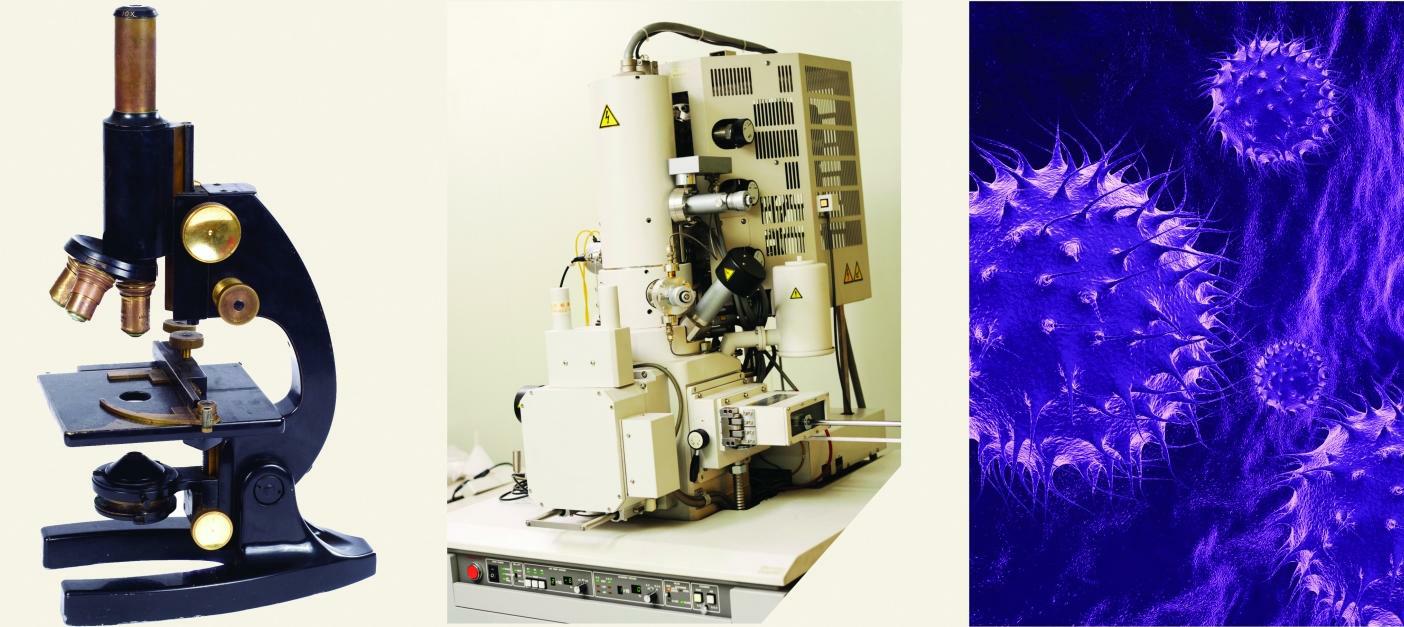 Microscopio simple, microscopio electrónico y virus de la gripe se cierran en tres imágenes combinadas.