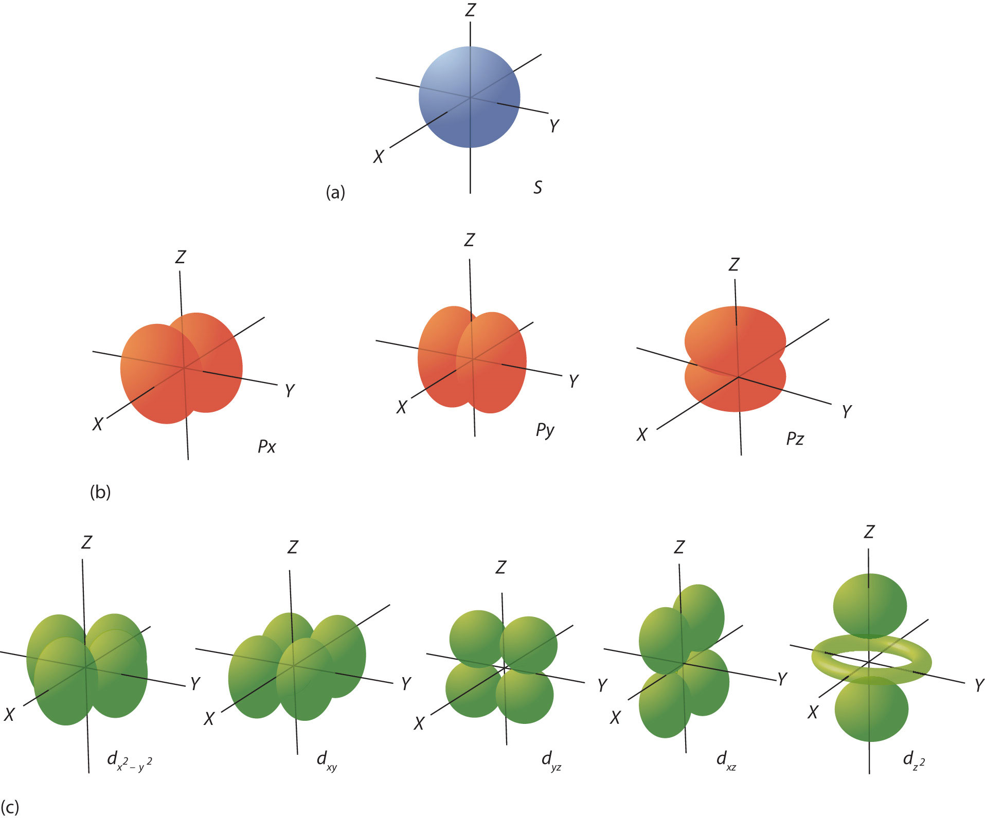 Orbitales de electrones. 1 orbitales azules, 3 rojos y cinco verdes de arriba a abajo.