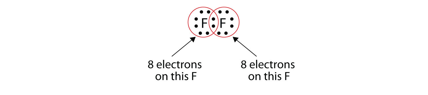 Se muestran los átomos de flúor unidos covalentemente. Los círculos abarcan cada flúor mostrando que cada uno tiene octetos completos a través del intercambio de electrones.