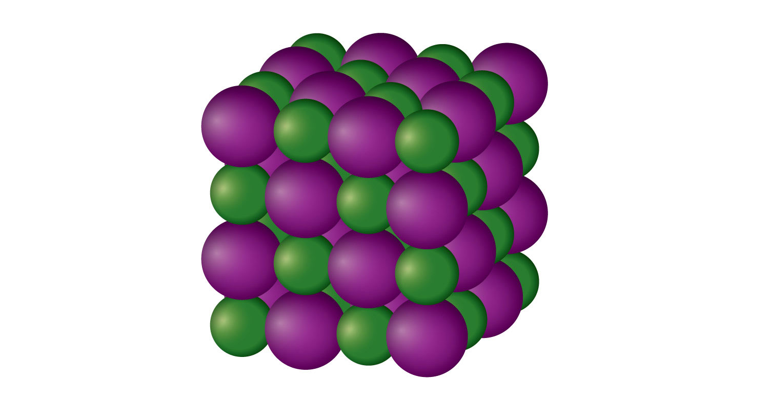 Se muestra un objeto en forma de cubo compuesto por una cuadrícula 4x4 de bolas moradas y verdes ligeramente más pequeñas.