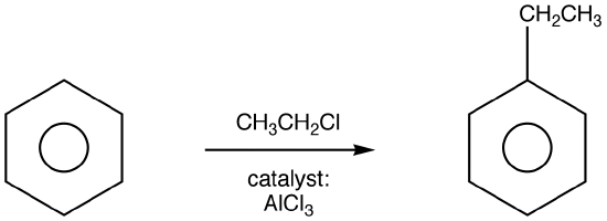 Benzene reacts with chloroethane with aluminum chloride as a catalyst to form ethylbenzene.