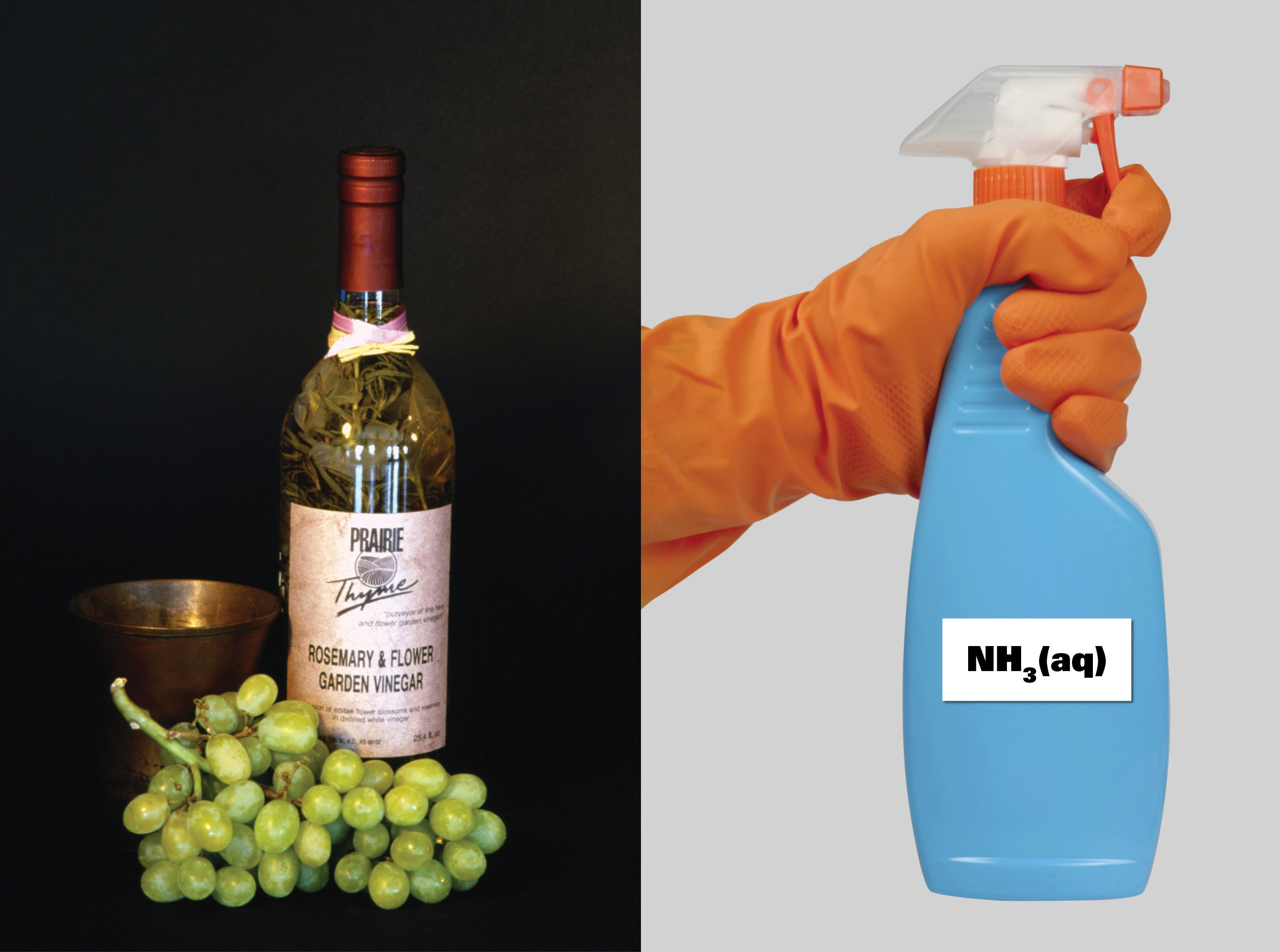 Una botella de romero y uvas y una botella de NH2 (aq).