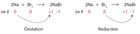 In the reaction of 2Na and Br2, the sodium is oxidized while the bromine is reduced.
