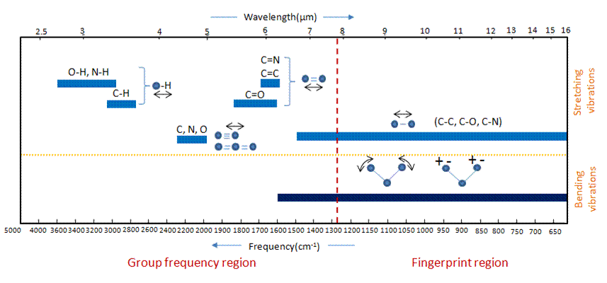 The group frequency region is found below 8 micrometeres and about 1300 inverse centimeters. The fingerprint region is found about 8 micrometers and below 1300 inverse centimeters. 