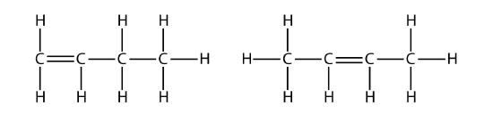 2 structural formulas for butene, with the first butene having the double bond on the first and second carbon from the left and the latter having its double bond on the second and third carbon from the left. 