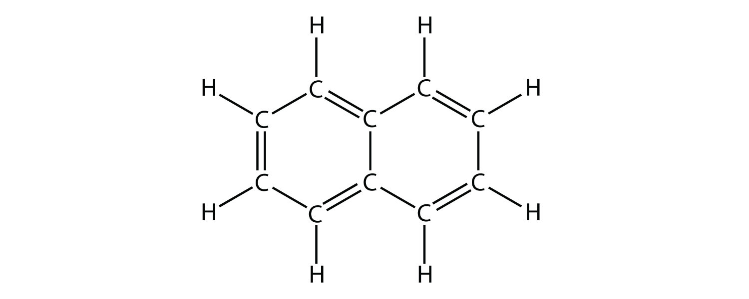 Fórmula estructural del naftaleno, un compuesto aromático policíclico.