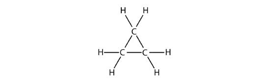 Structural formula of cyclopropane.