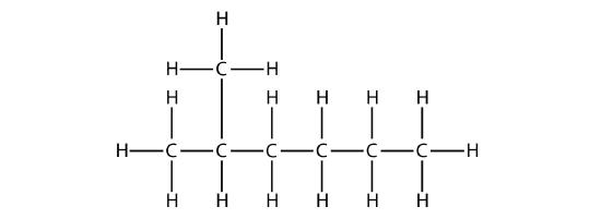 Structural formula of hexane with a methyl group attached to carbon 2.