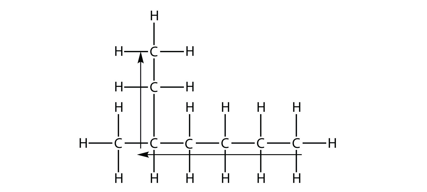 Fórmula estructural de heptano con un grupo metilo unido al carbono 3.