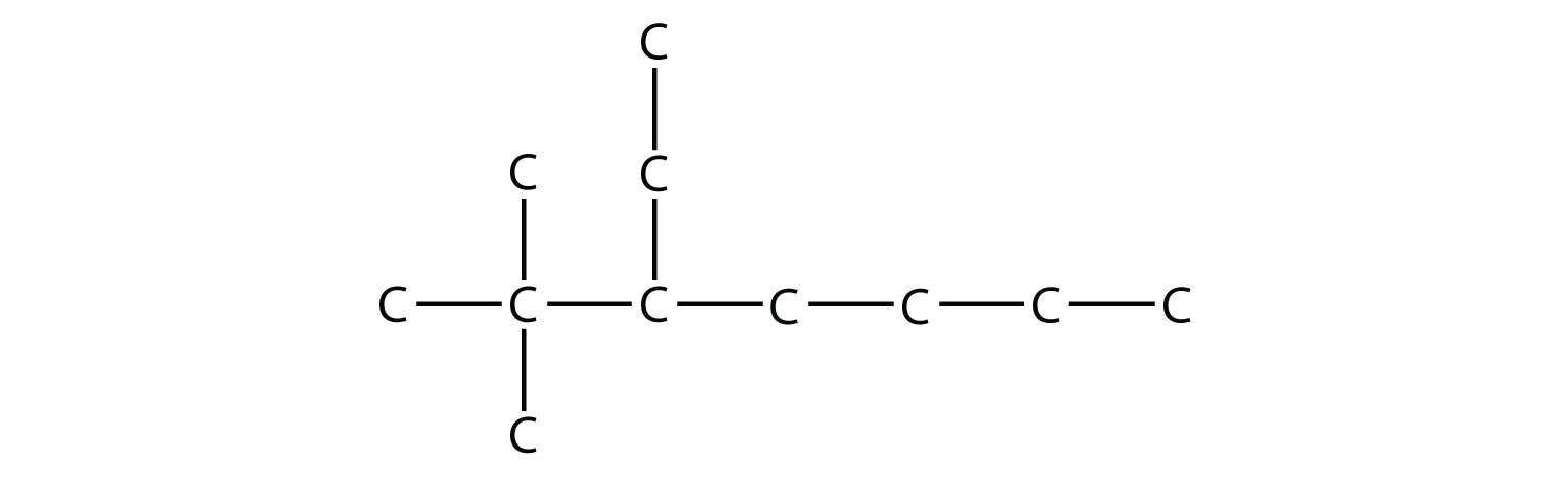 Una cadena de siete carbonos con dos grupos metilo en el segundo carbono y un grupo etilo en el tercer carbono.