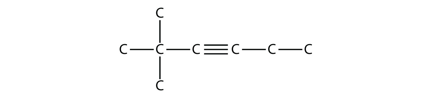 Una cadena de 6 carbonos con un triple enlace entre los carbonos 3º y 4º con 2 grupos metilo en el carbono 2do de la izquierda.