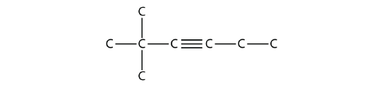 A 6 carbon chain with a triple bond between the 3rd and 4th carbons with 2 methyl groups on the carbon 2nd from the left.