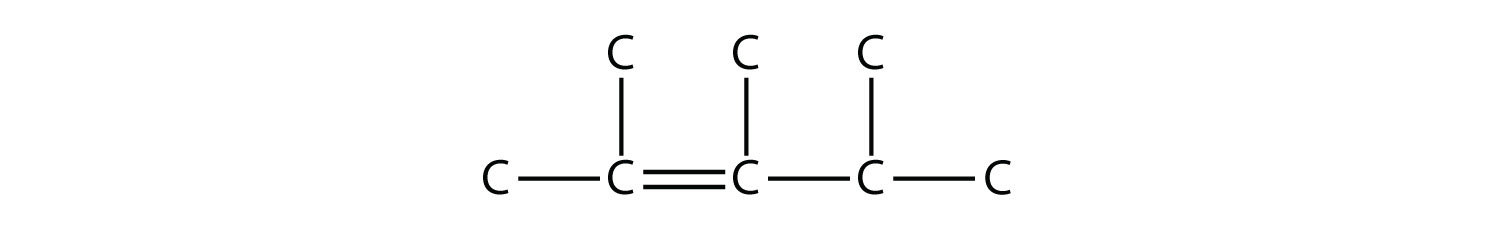 Se muestra una cadena de cinco carbonos con un doble enlace entre el segundo y tercer carbonos de la izquierda y un grupo metilo en cada uno de los tres carbonos medios.