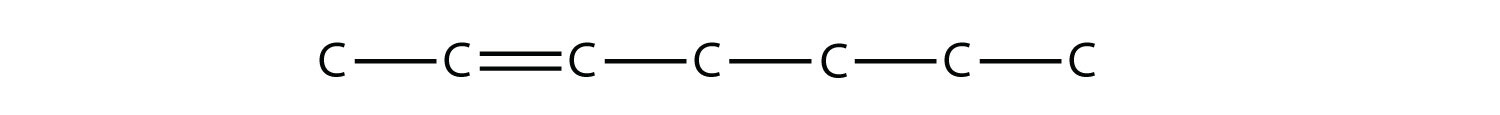 Una cadena de siete carbonos con un doble enlace entre el segundo y tercer carbonos desde la izquierda.