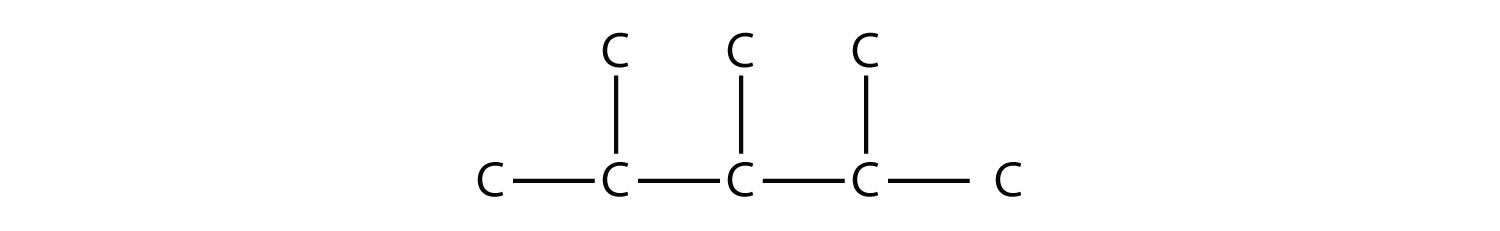 La cadena de cinco carbonos tiene ahora tres grupos metilo, uno que va cada uno al segundo, tercer y cuarto carbonos.