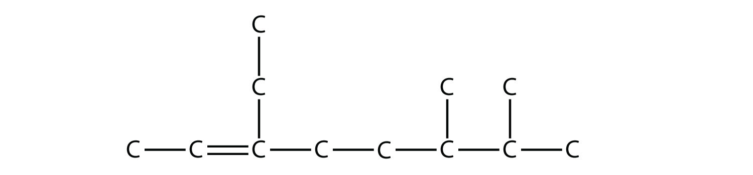 Se muestra una cadena de carbonos de ocho miembros. Existe un doble enlace entre el segundo y tercer carbonos desde la izquierda. Un grupo etilo está en el tercer carbono. El sexto y séptimo carbonos tienen ambos un grupo metilo.