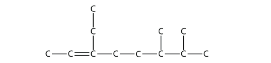 An eight member chain of carbons is shown. There is a double bond between the second and third carbons from the left. An ethyl group is on the third carbon. The sixth and seventh carbons both have a methyl group.