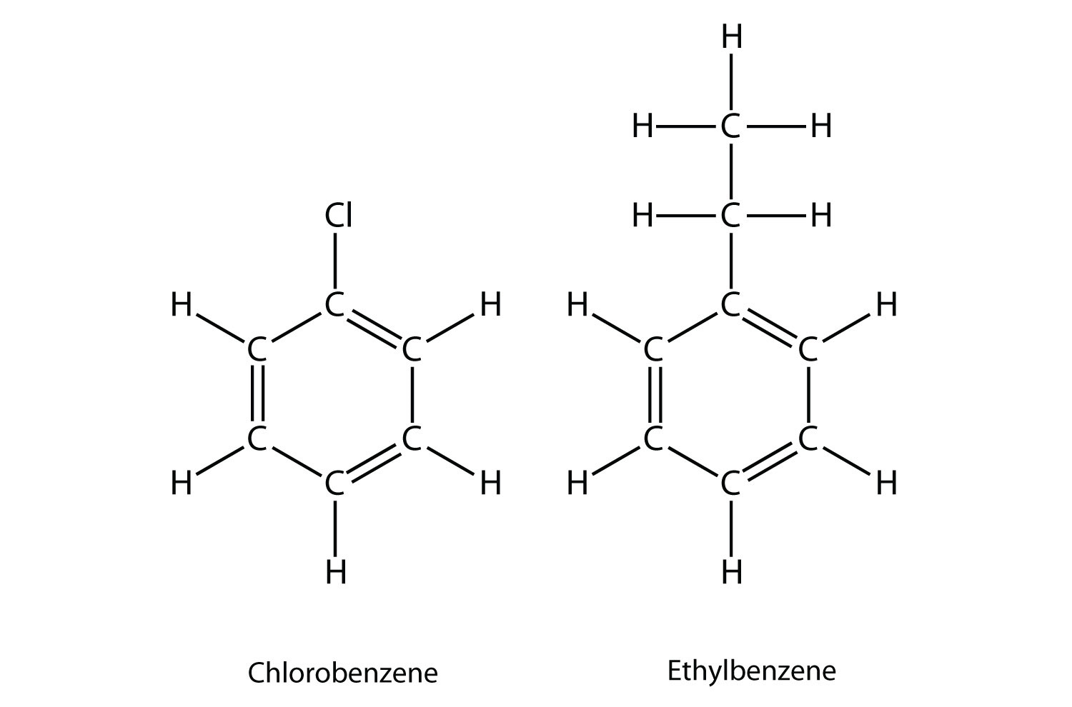 Se muestran las estructuras de clorobenceno y etilbenceno.